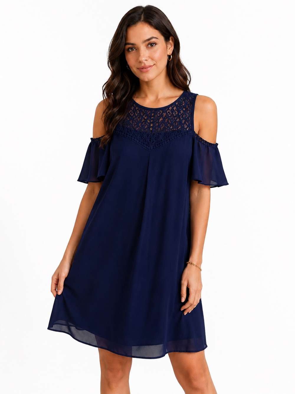 A. Byer Navy Cold-Shoulder Lace Yoke Mini Dress